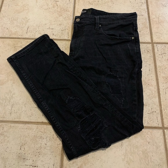 GUESS Men's Black Distressed Slim Tapered Jeans - Size 38x30 - Picture 10 of 12